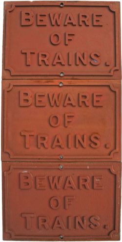 Midland Railway cast iron  'Beware of Trains' Sign qty 3. All cleaned and primed ready to paint.