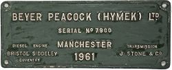 Worksplate Beyer Peacock (Hymek) Ltd. Serial Number 7900 Manchester 1961. Ex Hymek Diesel