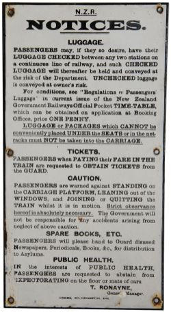 New Zealand Railways enamel sign 'Luggage Tickets etc' T Ronaye, General Manager. Black lettering on