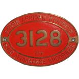 South African Railways brass oval Cabside Numberplate 3128 15F in dual language. Ex Class 15F 4-8-
