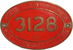 South African Railways brass oval Cabside Numberplate 3128 15F in dual language. Ex Class 15F 4-8-