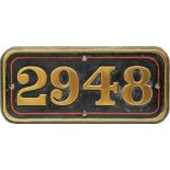 GWR brass Cabside Numberplate 2948. Ex GWR 'Saint' Class 4-6-0 locomotive STACKPOLE COURT built