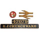 Nameplate in solid cast brass G.J. CHURCHWARD with matching Cabside Numberplate 47079 also solid