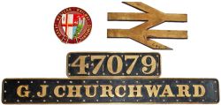 Nameplate in solid cast brass G.J. CHURCHWARD with matching Cabside Numberplate 47079 also solid