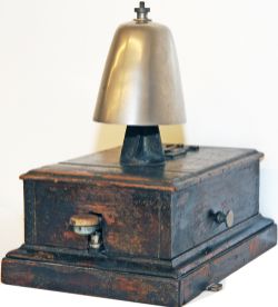 Mahogany cased Signal Box Block Bell with large cow-bell fitted. In good overall condition.