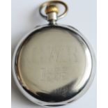 GWR nickel plated Pocketwatch by Rotherhams. Enamel dial, rear engraved GWR 1555. A very desirable