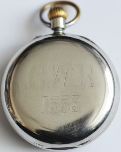 GWR nickel plated Pocketwatch by Rotherhams. Enamel dial, rear engraved GWR 1555. A very desirable