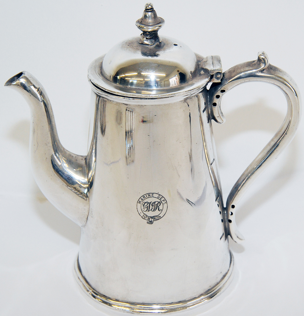 GWR Marine Department silverplate Coffee Pot with finial lid made by Elkington. Quite delightful