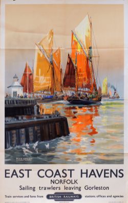 Poster, BR(E) 'East Coast Havens, Essex - Sailing Trawlers leaving Gorleston' by Frank Mason, double