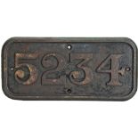 GWR cast iron Cabside Numberplate 5234.Ex Churchward 42xx class 2-8-0 built Swindon Works in July