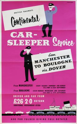 Poster British Railways 'Continental Car Sleeper Service from Manchester to Boulogne via Dover' by