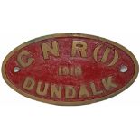 Brass oval Builders Plate GNR(I) 1918 Dundalk. Ex steam locomotive.