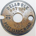 Single Line brass and steel Tablet DELABOLE - PORT ISAAC ROAD 10. Stamped 'Not IN Use' on the