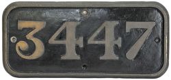 GWR brass Cabside Numberplate 3447 Ex 4-4-0 'Bird Class'  locomotive built Swindon Works December