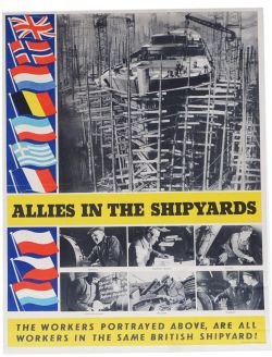 Poster WWII 'Allies In The Shipyards' 15 x 19.75 inches. Shows images of workers in Norway,