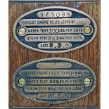 Hunslet Engine Boiler Test Plates, a pair dated 1950 and 1966. Measures 4.5 x 2.5 inches and are