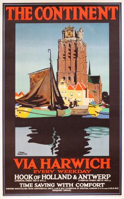 Poster LNER 'The Continent Via Harwich' by Frank Newbold, double royal size 40 x 25 inches. View