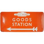 BR(NE) enamel Direction Sign GOODS STATION  with left facing arrow and British Railways in Totem,
