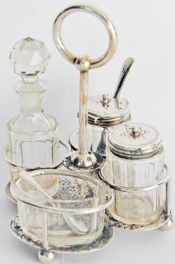 LMS silverplate Cruet Set base marked with LMS COA. Complete with an LMS Mustard Spoon and a GWR