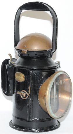 GWR 3 aspect Coppertop Handlamp with replacement etched front lens and original reservoir fitted