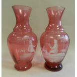 A pair of Victorian cranberry glass 'Mar