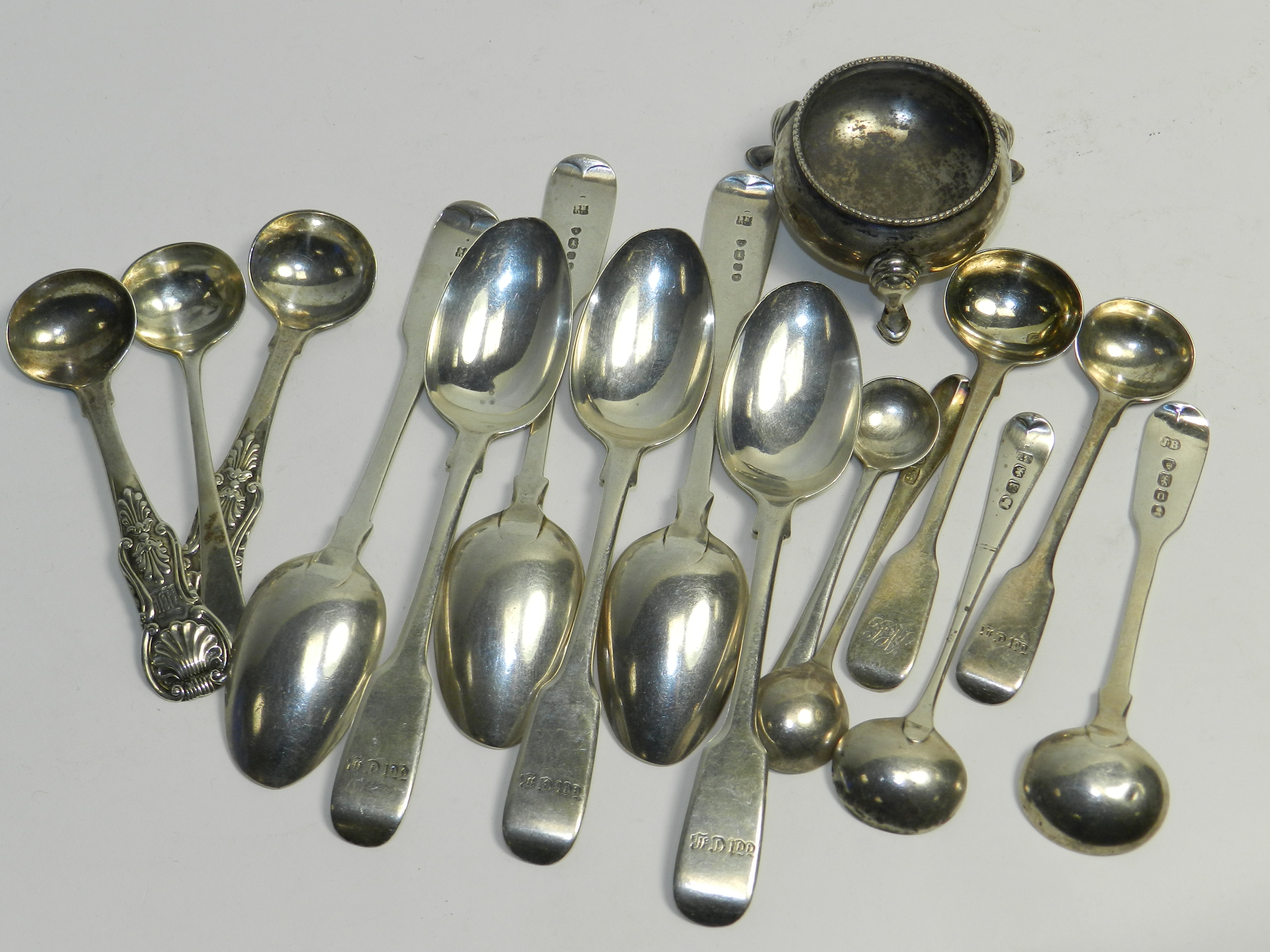 A set of six Victorian silver fiddle pattern teaspoons hallmarked London 1849, together with a