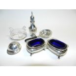 A pair of rectangular silver salts with blue glass liners and cusped rim, together with a