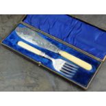 A Victorian cased set of silver fish servers, Levesley Brothers, Sheffield 1893, the blades with