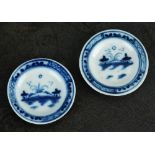 A pair of Caughley Toy dinner plates, circa 1780-90, painted in underglaze blue with the Island,