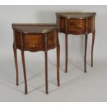 A pair of 20th century Louis XV style demi lune side tables, each with a gilt metal pierced