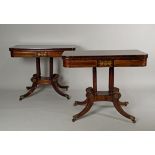 A pair of Regency rosewood brass inlaid fold-over card tables, each with a rectangular top with