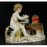 A 19th century Meissen figure emblematic of Fire, modelled as a putti mixing a cup and saucer of