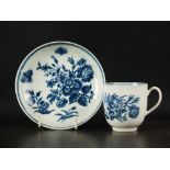 A Caughley coffee cup and saucer, circa 1775-78, transfer printed in underglaze blue with the Three