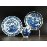 Three pieces of blue and white transfer-printed Caughley, circa 1780-90, comprising a Pagoda saucer