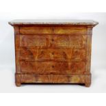 A mid 19th century mahogany veneered continental chest of four long drawers, the grey veined marble