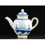 A Caughley toy teapot and cover, circa 1780-90, painted in underglaze blue with the Island pattern,