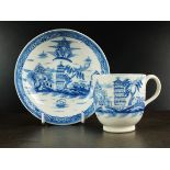 A Caughley coffee cup and saucer, circa 1790-95, painted in underglaze blue with the Tower pattern,
