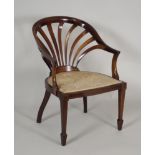 A late 19th/early 20th century rosewood and marquetry boxwood line strung, low tub chair, with fan