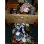 Two boxes of miscellanous glassware and ceramics to include stoneware, coffeewares, dinnerwares,