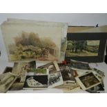 A collection of early 20th century postcards and ephemera including amateur watercolours