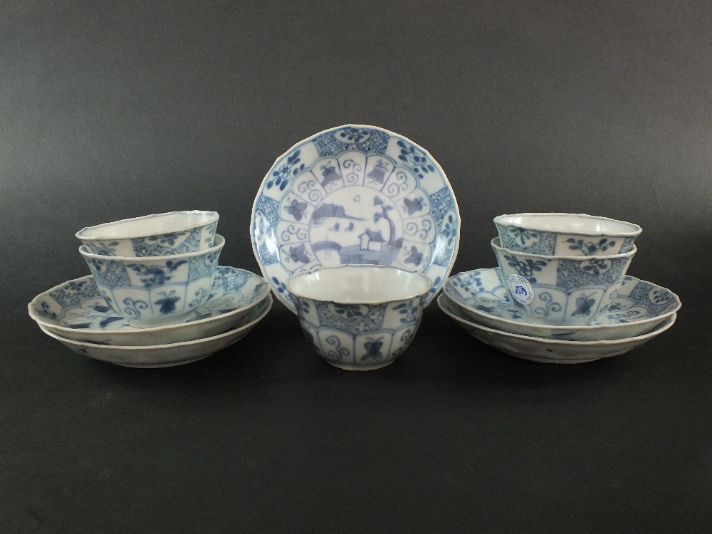 Ca Mau: Five blue and white 'Landscape, Panel and Trellis' pattern saucers, circa 1725,