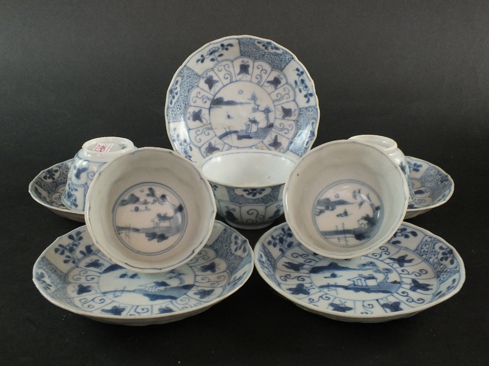 Ca Mau: Five blue and white 'Landscape, Panel and Trellis' pattern saucers, circa 1725,