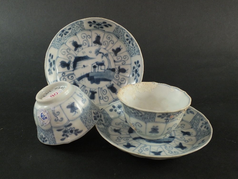 Ca Mau: Two blue and white 'Landscape, Panel and Trellis' pattern saucers, circa 1725,