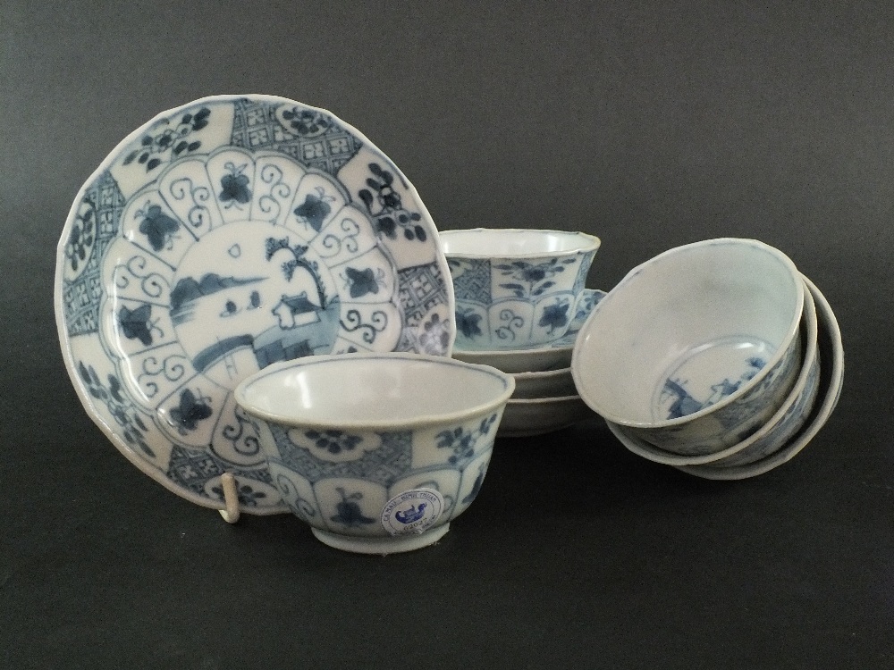 Ca Mau: Five blue and white 'Landscape, Panel and Trellis' pattern saucers, circa 1725,