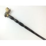 A sectional horn walking cane, with carved lion form handle and brass furrule,