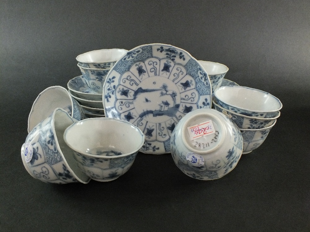 Ca Mau: Ten blue and white 'Landscape, Panel and Trellis' pattern saucers, circa 1725,