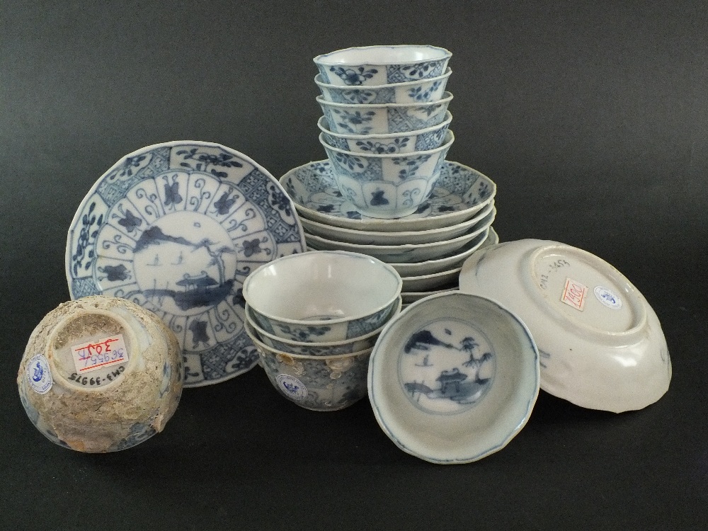 Ca Mau: Ten blue and white 'Landscape, Panel and Trellis' pattern saucers, circa 1725,