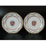 A pair of Chinese export porcelain armorial saucers, 18th century, each of octagonal form,