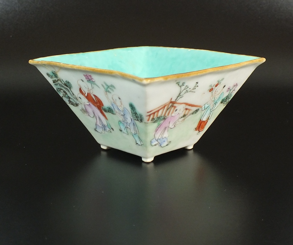 A Chinese famille rose four sided tapering bowl, Qing Dynasty, 19th century,