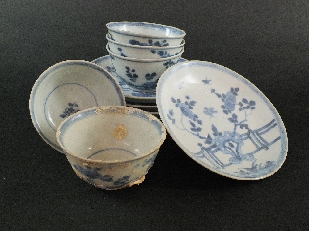 Ca Mau: Five blue and white 'Rocks on a Terrace' pattern saucers, circa 1725,